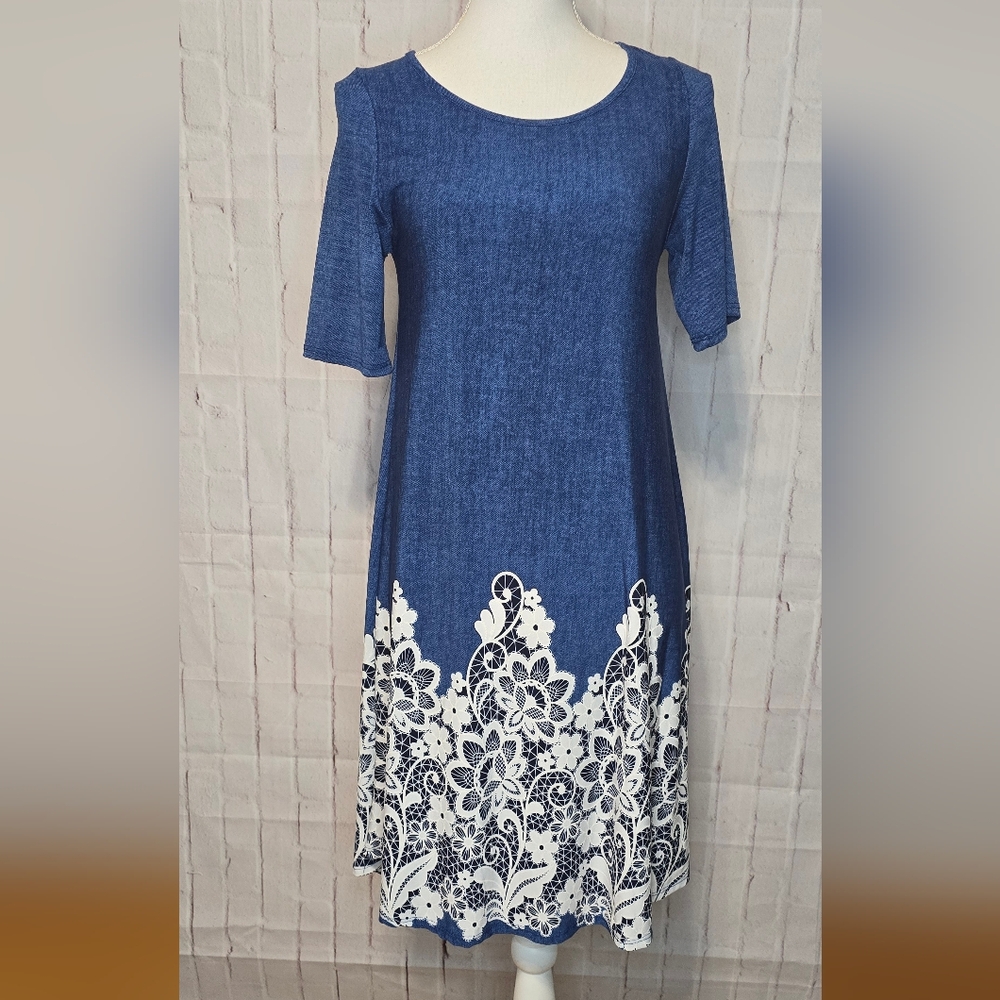 SJS Denim-Style Shift Dress with White Floral Lace Hem